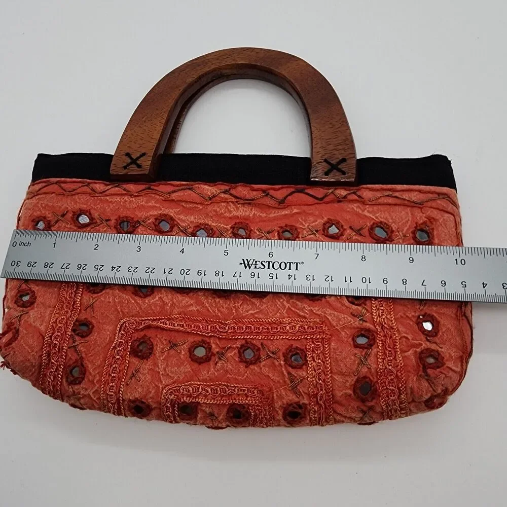 Thai Fabric Wooden Handle Tote Bag Orange Embroidered Artisan Boho Hippie 10x6